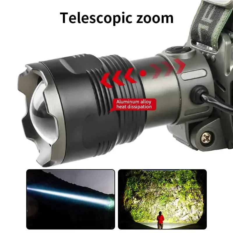 LED Headlamp Powerful 21700/18650 Rechargeable Headlight Zoomable Head Lamp Waterproof Head Light High Lumens Flashlight