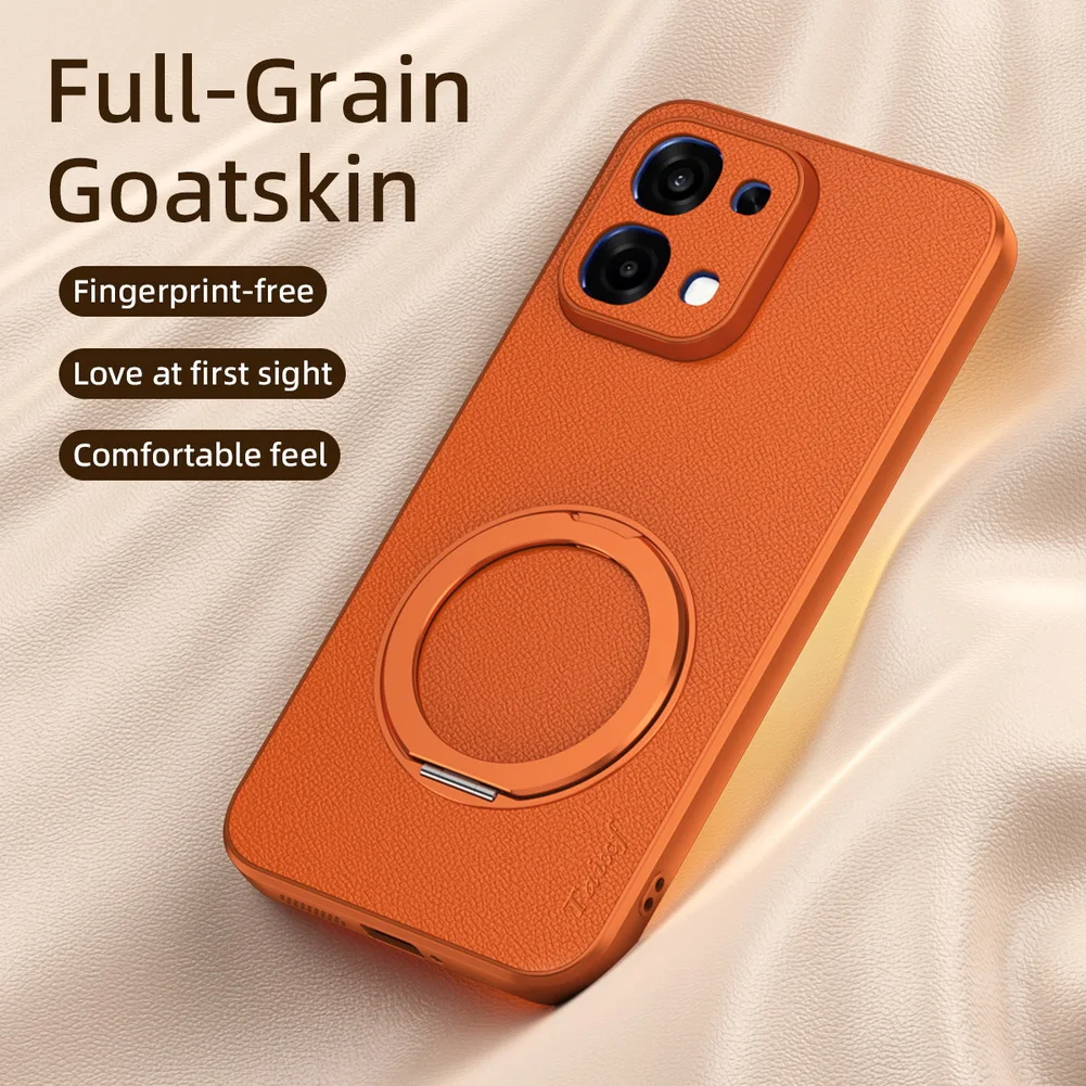 Premium Goatskin Leather Protective Cover with 360° Rotating Metal Ring Kickstand and Magnetic Backing