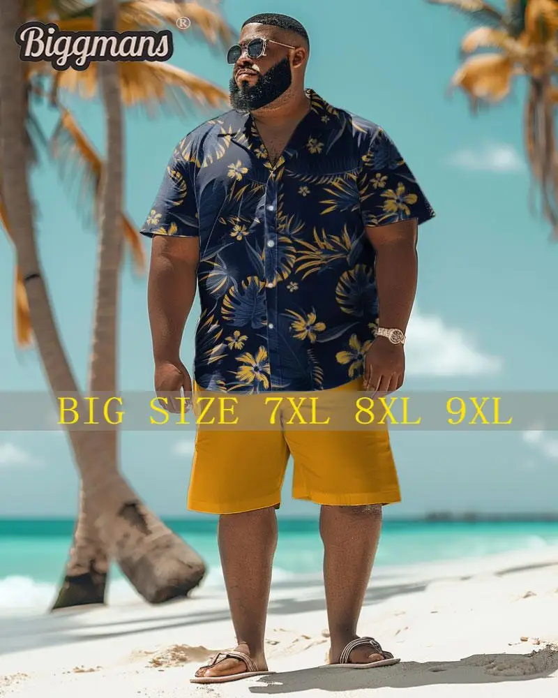 Biggmans Shirt Plus Size Set L-9Xl for Summer Oversize Hawaii Suit  Men's Gradient Coconut Tree Print Large 7XL 8XL