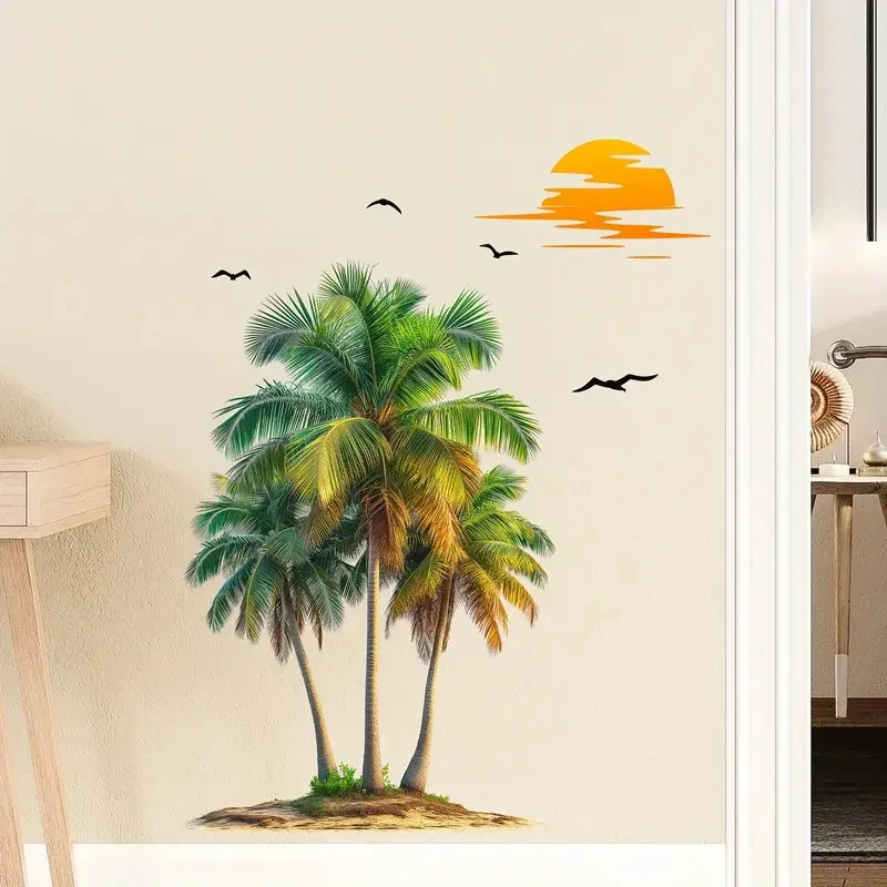 Creative Wall Sticker Tropical Green Plant & Coconut Tree Pattern Self-Adhesive Decal for Bedroom Living Room Home Decal