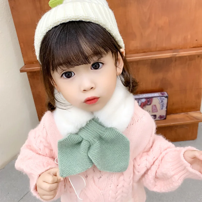 Korean Winter Children Scarf Cute Cold-Proof Kids Neckerchief Solid Color Warm Plush Baby Boys Girls Knitted Bib Scarves