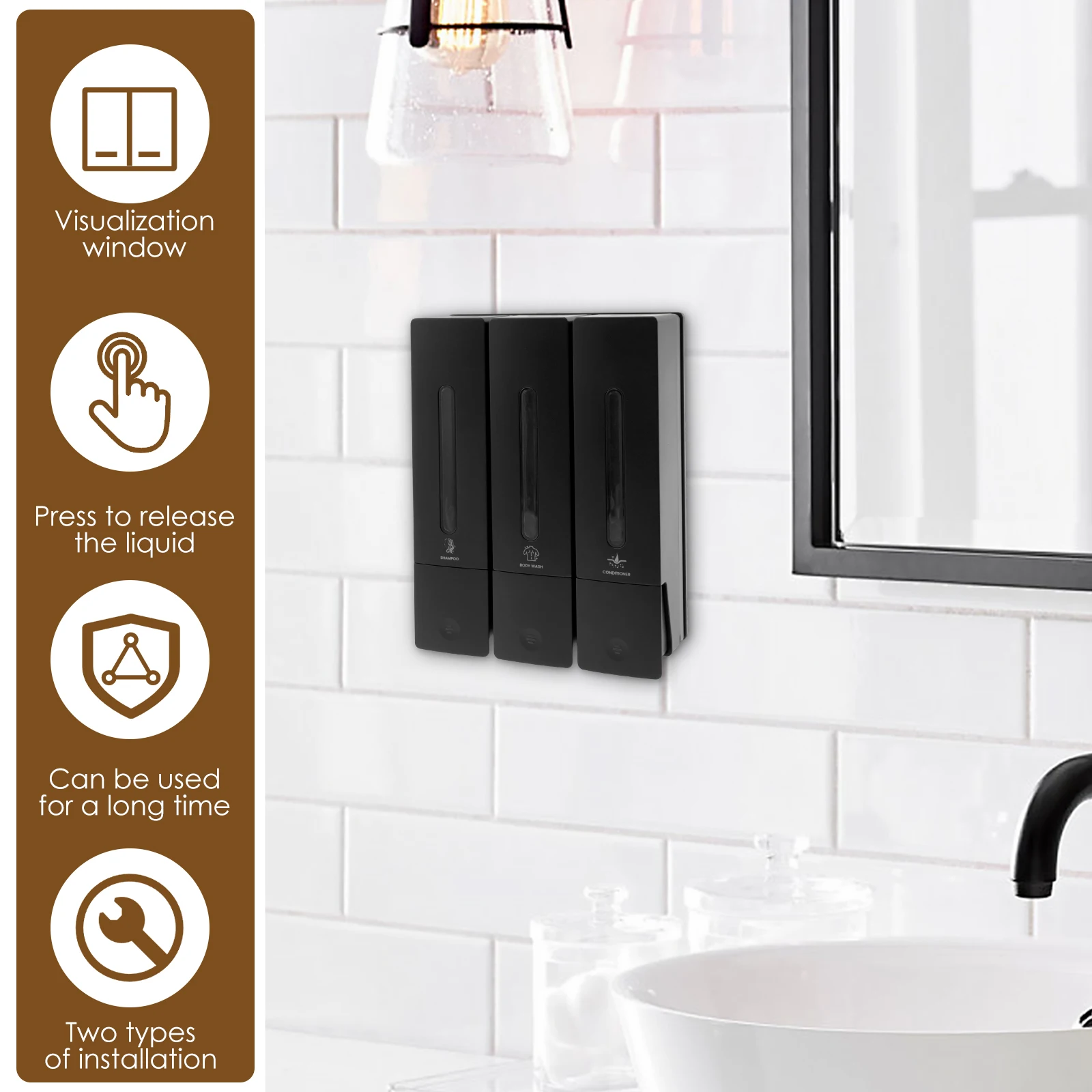 Liquid Soap Dispenser No Drill Wall Mounted Triple Shower Shampoo and Conditioner Dispenser for Home Hotel Bathroom Accessories 2