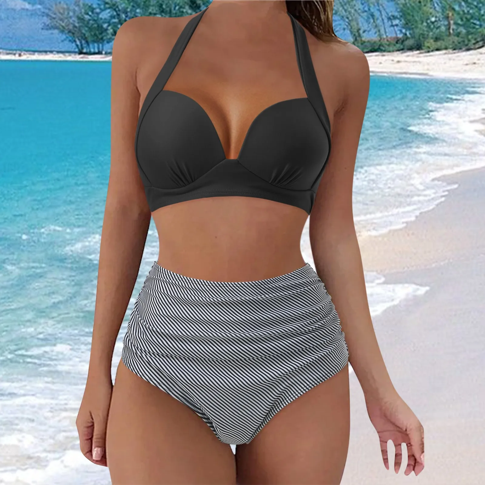 Women 2 Piece Halter High Waist Split Tankini Beach Wear Summer Printing Gathering Conservative Swimsuits Fashion Bathing Suits