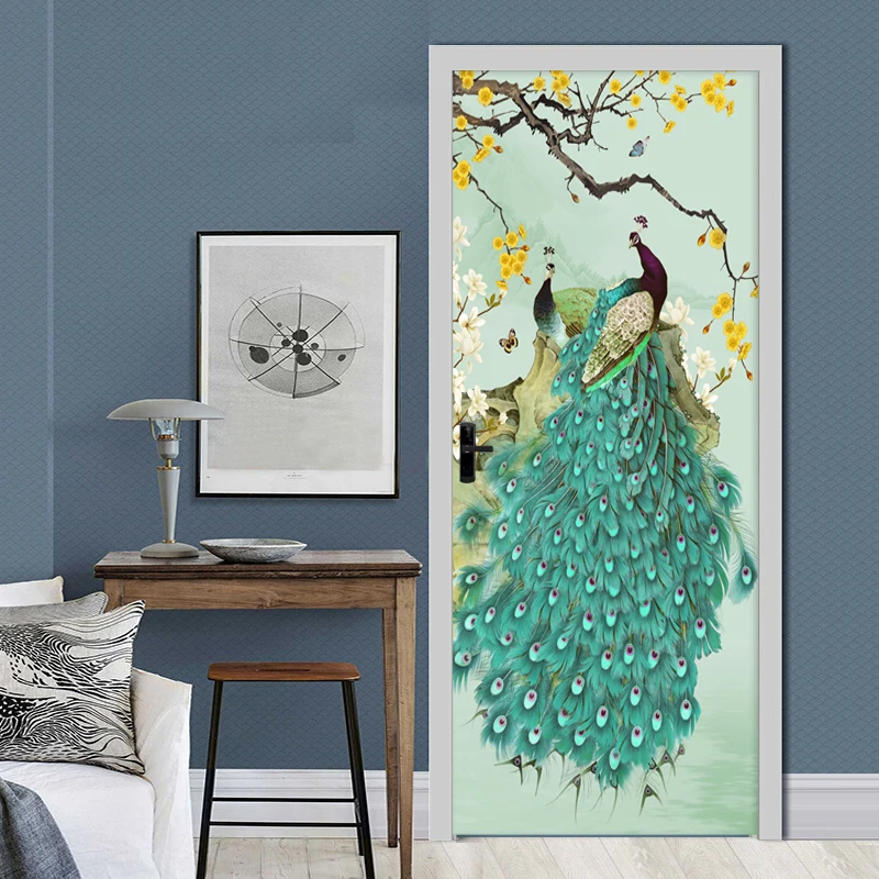 Vintage Blue Peacock Flowers 3D Wallpaper Living Room Bedroom Photo Door Sticker PVC Waterproof Vinyl Mural Home Decor Decal