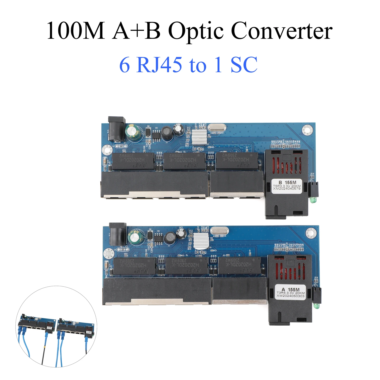 1Pair Fiber Optic Media Converter 10M/100M PCBA Board 6 RJ45 to 1 SC A+B Optic Connector 1310nm/1550nm Ports Ethernet Switch