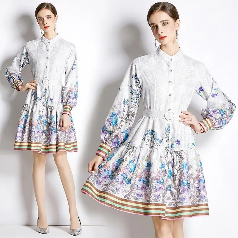 

High Class Blue Color Floral Big Swing Knee Length Autumn Long Sleeve Dresses Quality Chiffon Glam Notched Neck T-shirt Skirts