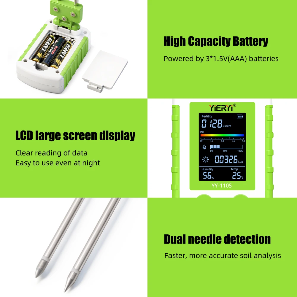6-in-1 Soil PH Meter Fertility Temperature Humidity Light Tester 90° Rotatable L