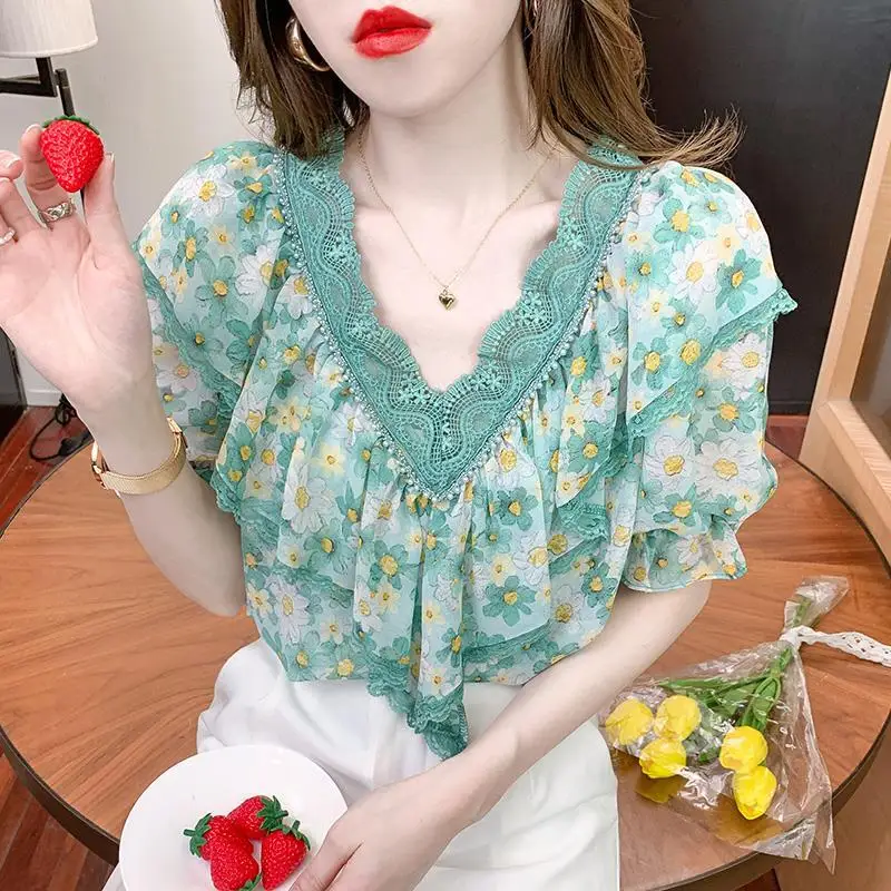 

Autumn New 2023 Blouse Solid Color V-neck Long Sleeve Lace Chiffon Japanese Style Fashion Simplicity Design Women Blouses Cloths