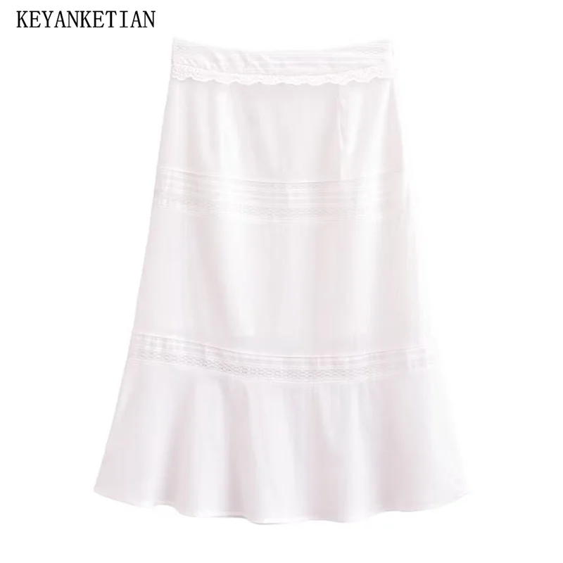 

KEYANKETIAN 2024 New Launch Tiered Embroidered Lace Decoration Women's MIDI Skirt Holiday wind Zipper High-waisted A-line Skirt