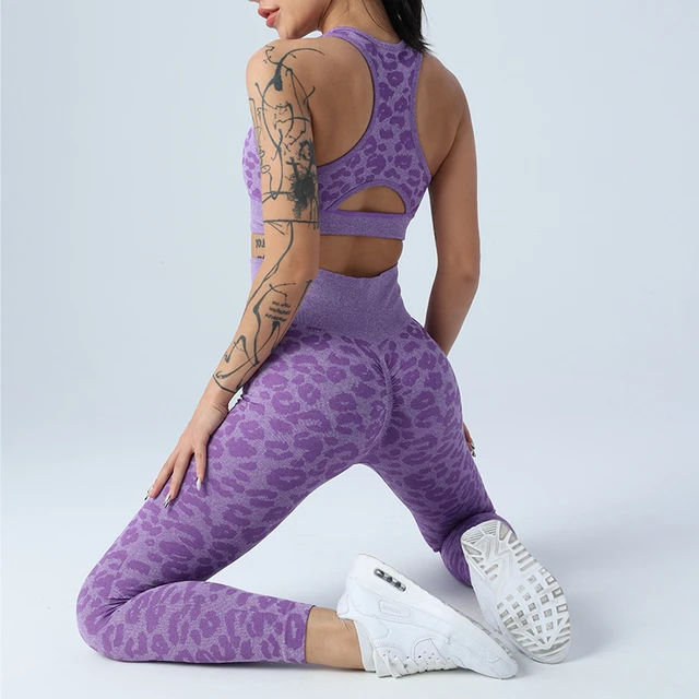 Leopard Print Leggings Gym Set Women Ropa Deportiva Mujer Gym Bra Leggings  Two Pieces Set Yoga Workout Sports Bra 2 Piece Outfit