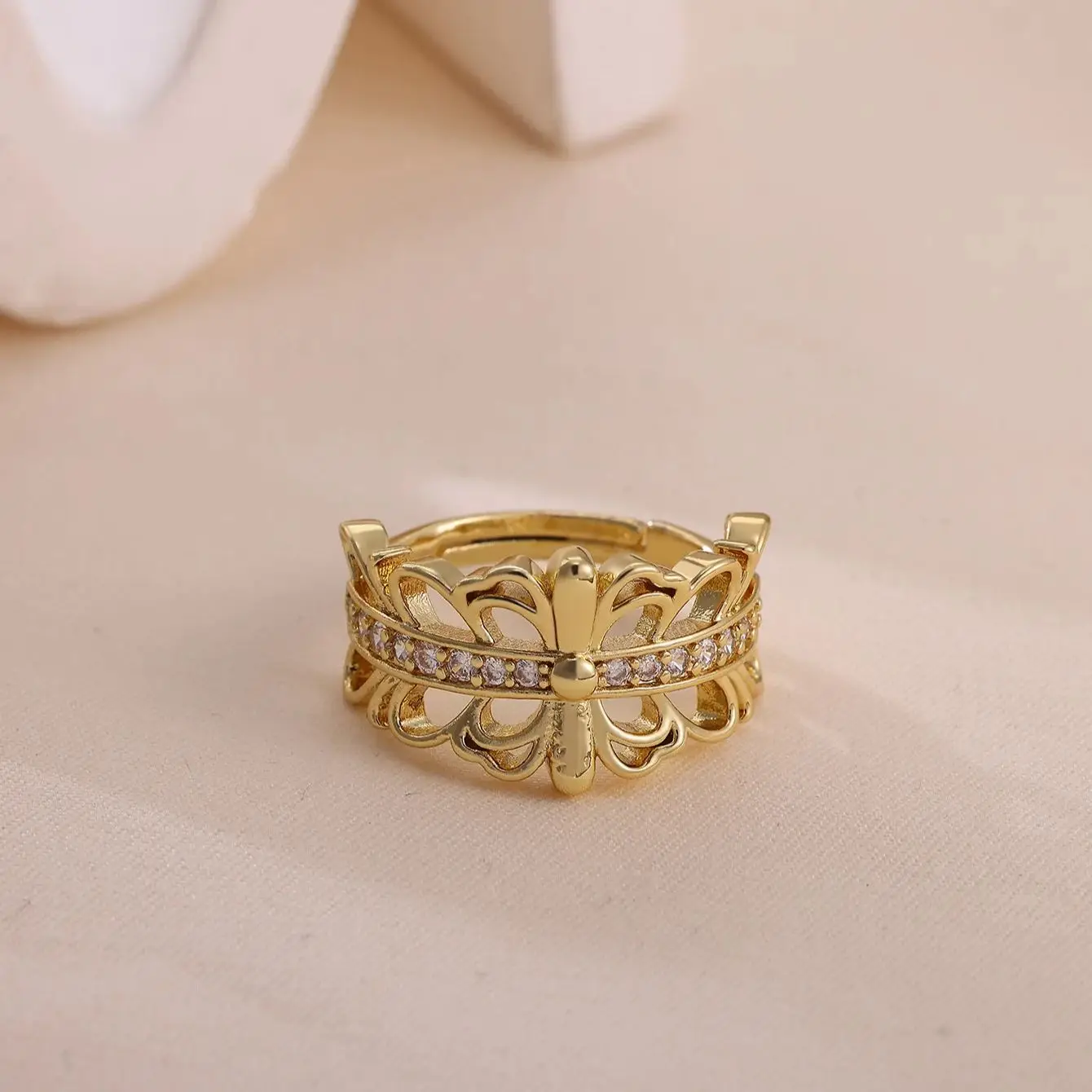 Zircon Butterfly Rings Gold Stainless Steel Hollow Spliced Ring For Women