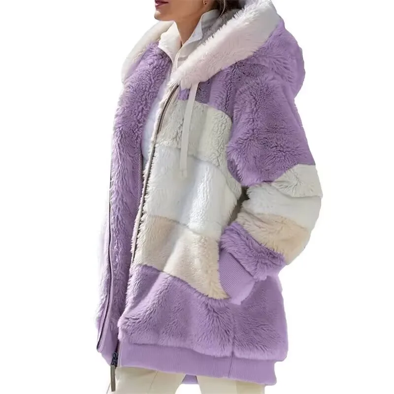 Brand Patchwork Faux Fur Coats Winter jackets Oversize Long Sleeve Thickening Furry Warm Fleece Jacket with Zipper Hooded Pocket
