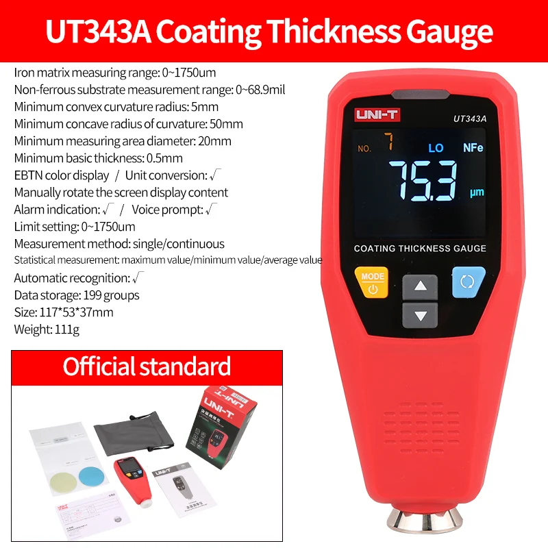 Medidor de espesor de revestimiento UNI-T UT343D, probador de espesor de  pintura de revestimiento automotriz, medidor de profundidad de pintura para