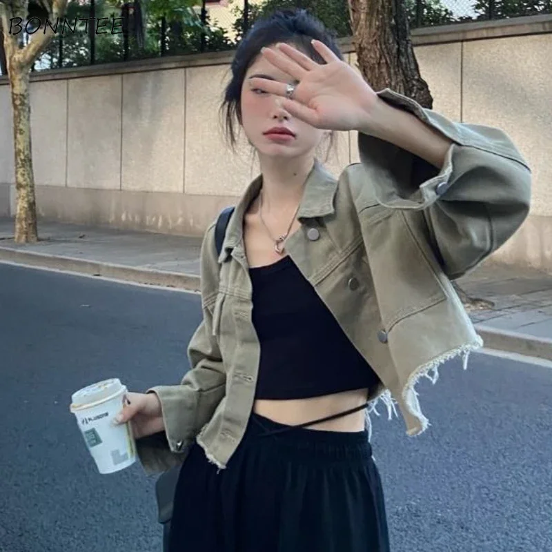 

Denim Jackets Women Cropped Sweet Cool Chic Streetwear Unisex Basic All-match Ulzzang Design Retro Ropa Mujer Casual Female Ins