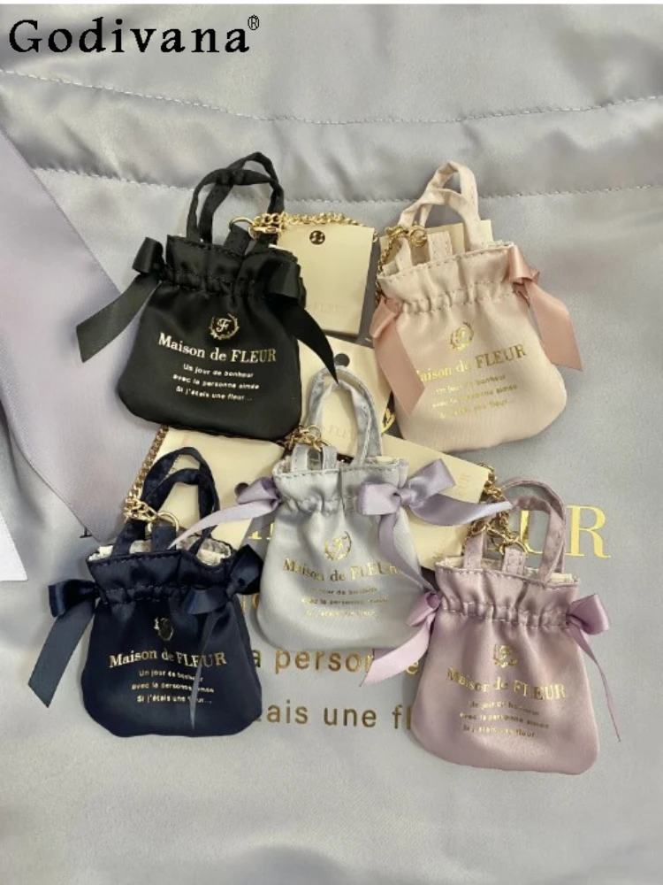 Japanese Style Sweet Cute Mini Satin Ribbon Bow Earphone Bag Ornaments Fashion Bowknot Metal Chain Women's Luggage Accessories desk calendar creative fruit text desk calendar ins cute desktop ornaments small year calendar 2023 mini calendar wholesale