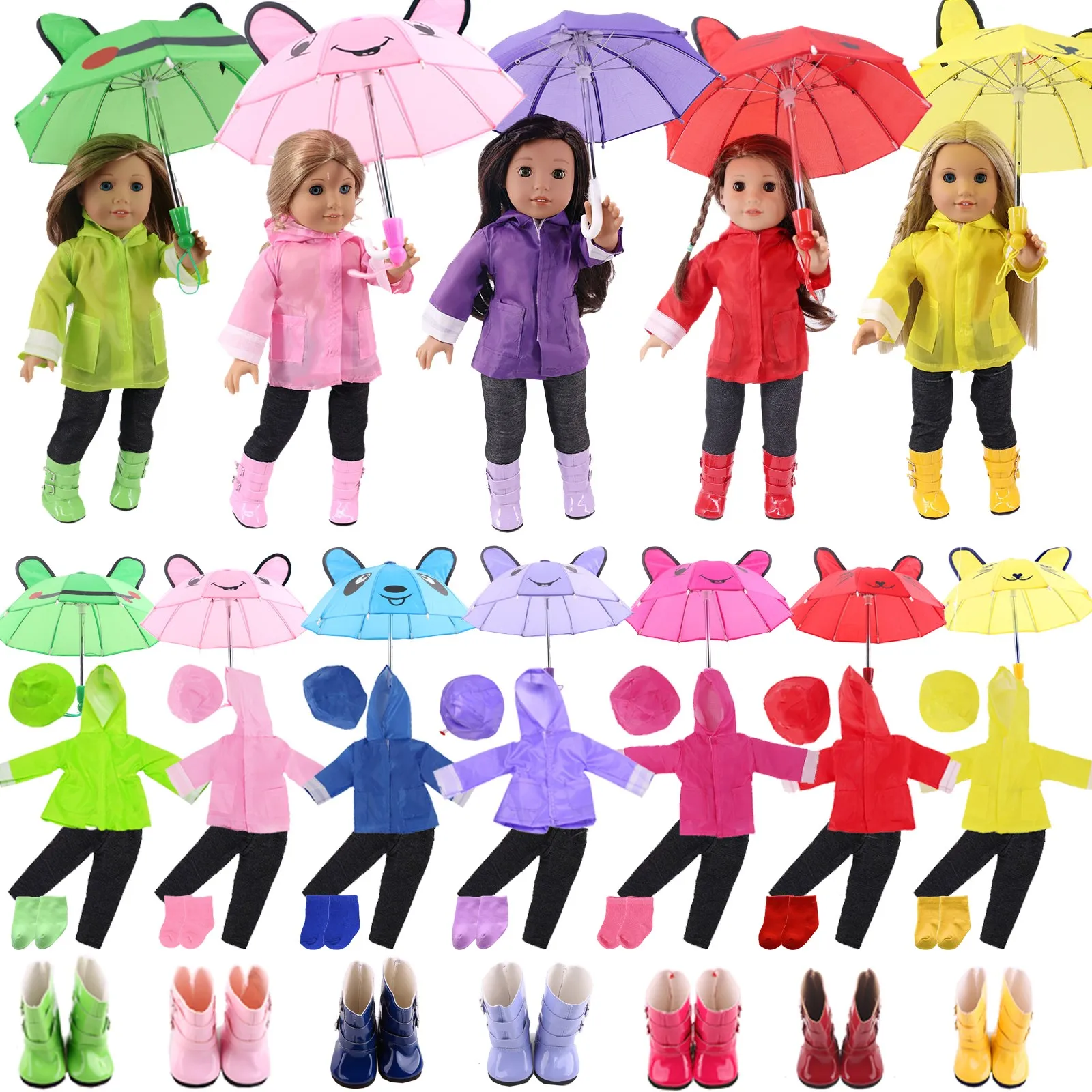 4-Piece Doll Rain Clothes Shoes Accessories Raincoat Rainboots Umbrella Fit 18inch Girl Doll43cmReborn Baby Our Generation Gift european tropical rain forest ceramic bathroom five piece set of sanitary ware five piece set of bathroom and toilet toiletries