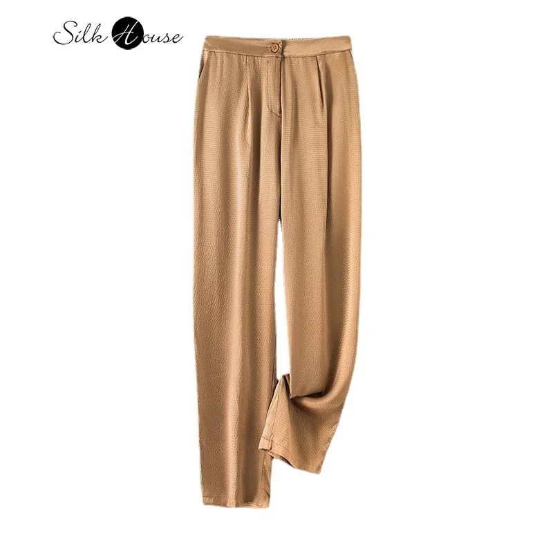 2024 Women's Fashion Spring New 93%Natural Mulberry Silk Elastic Pearl Satin Straight Leg Casual Ankle-Length Versatile Pants