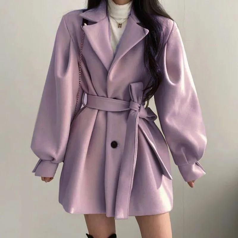 

2023Vintage Woolen Coat Women Autumn Winter Lantern Sleeve Lapel Coat Female Korean Fashion Elegant Bandage Hepburn Style Overco