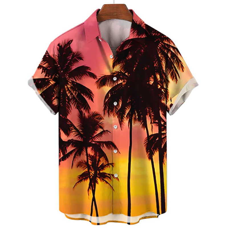 Hawaiian Men's Coconut Tree Print Shirt, Lapel Shirt, Beach Style, Casual, Oversized, Short-sleeved Fashion Clothes