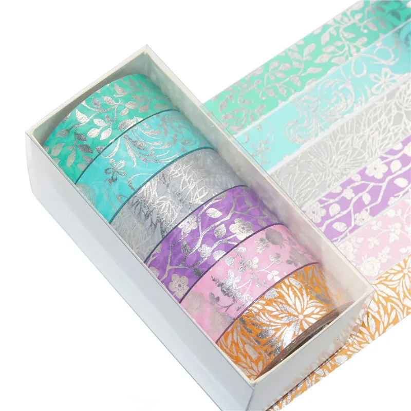 6pcs 실버 호 일 꽃 Washi 테이프 세트 15mm * 5m 꽃 접착제 마스킹 테이프 장식 스티커 일기 앨범 F7044