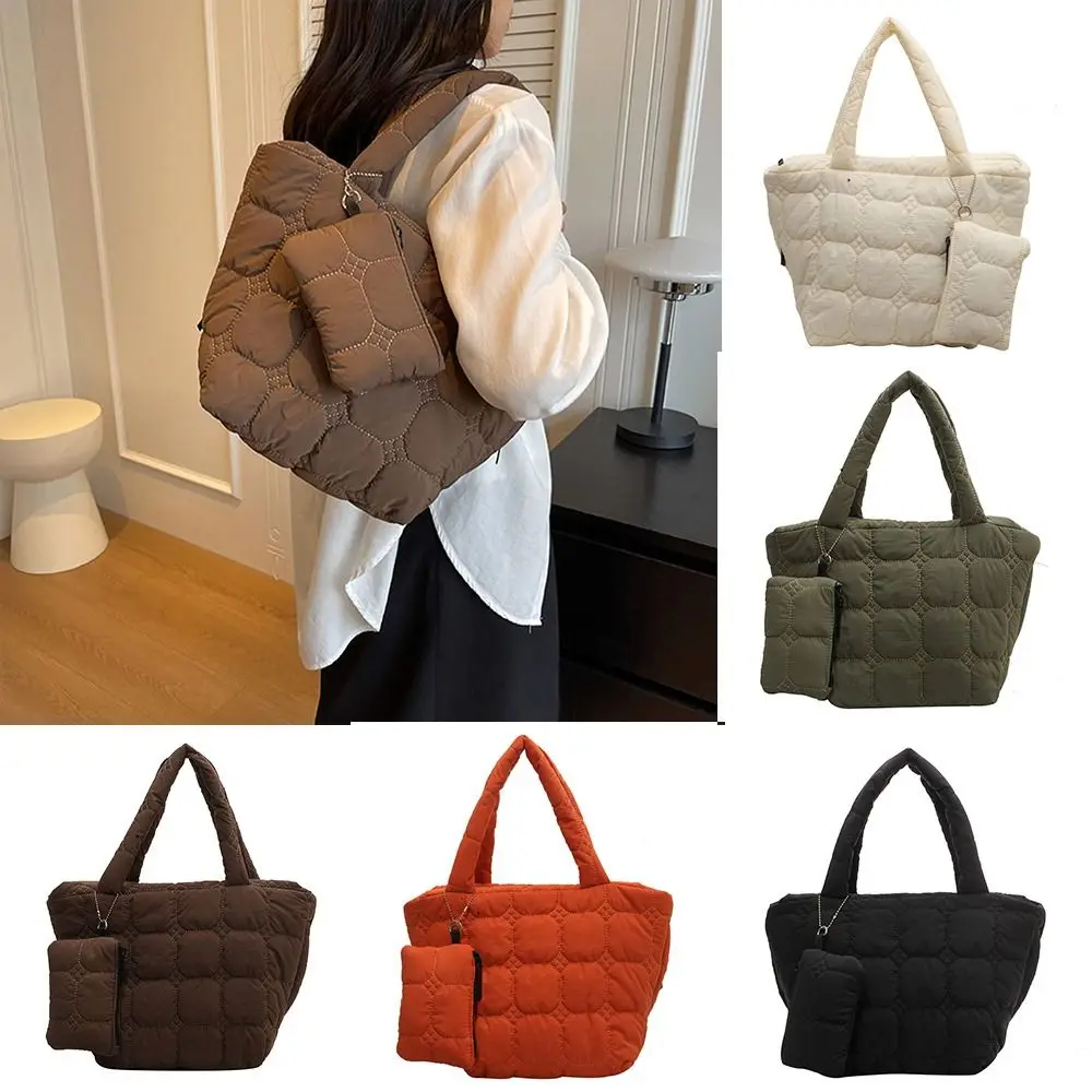 Large Capacity Space Cotton Underarm Bag Plaid Solid Color Handbag with Coin Purse Tote Bag Korean Style Shoulder Bag Girls