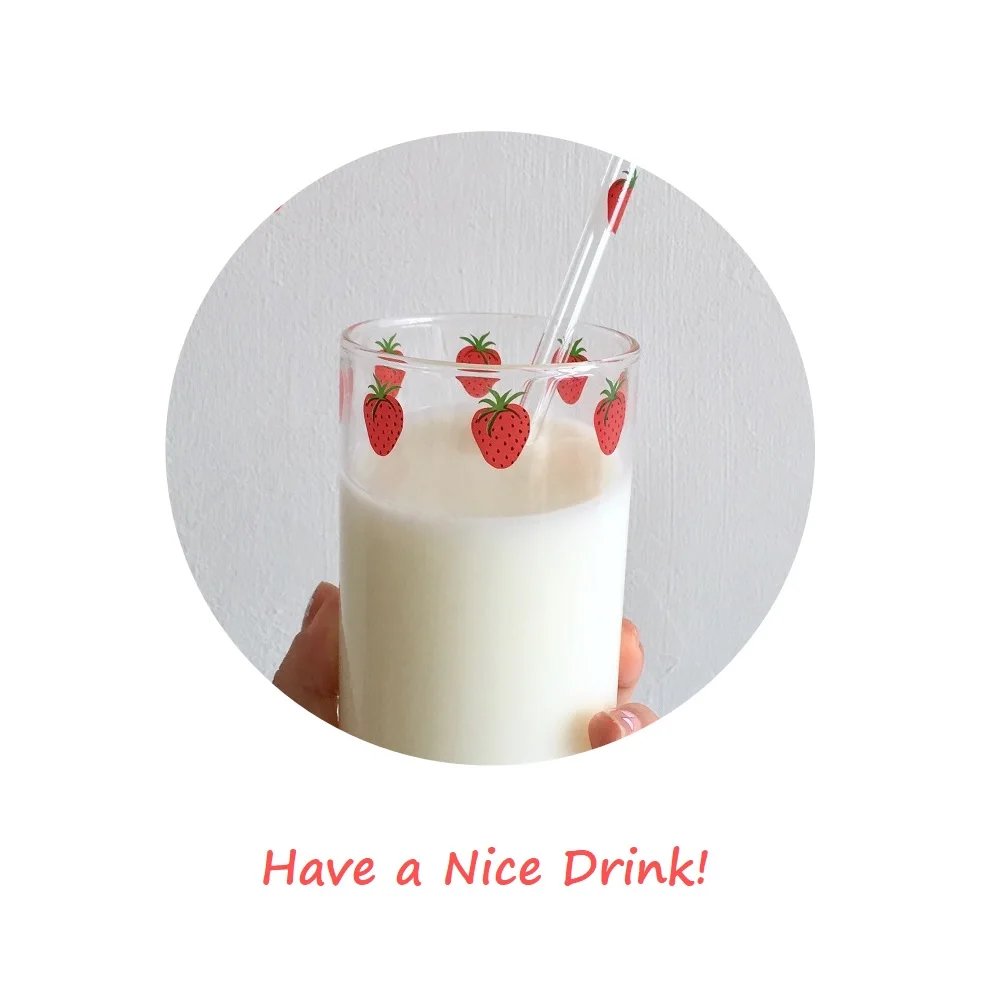 300Ml Strawberry Cute Glass Cup With Straw Creative Transparent Water