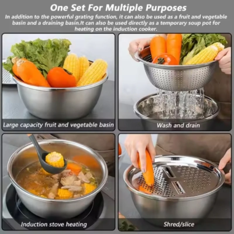 3-Piece Stainless Steel Multifunctional Strainer and Mixing Bowl for Washing and Slicing Fruits Vegetables Essential for Kitchen