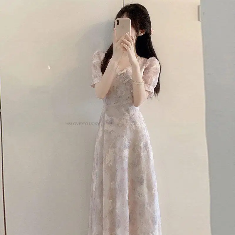 

New Chinese Style Cheongsam Dress Women Graceful Summer Lady Daily Improved Qipao Dress Jacquard A Line Oriental Style Dress