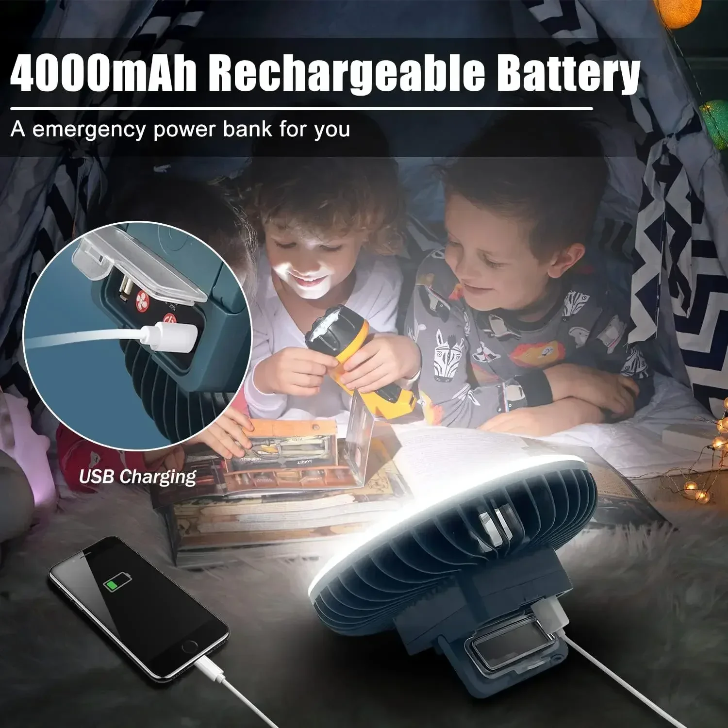 Portable Fan with LED Light USB Rechargeable Desk Fan Tent Lamp Magnetic Torch Outdoor Emergency Camping Lantern with Hook