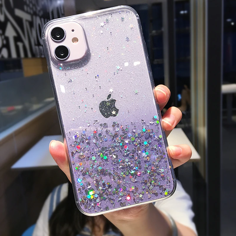 Luxury Purple Glitter Sequin Transparent Phone Case For iPhone 11