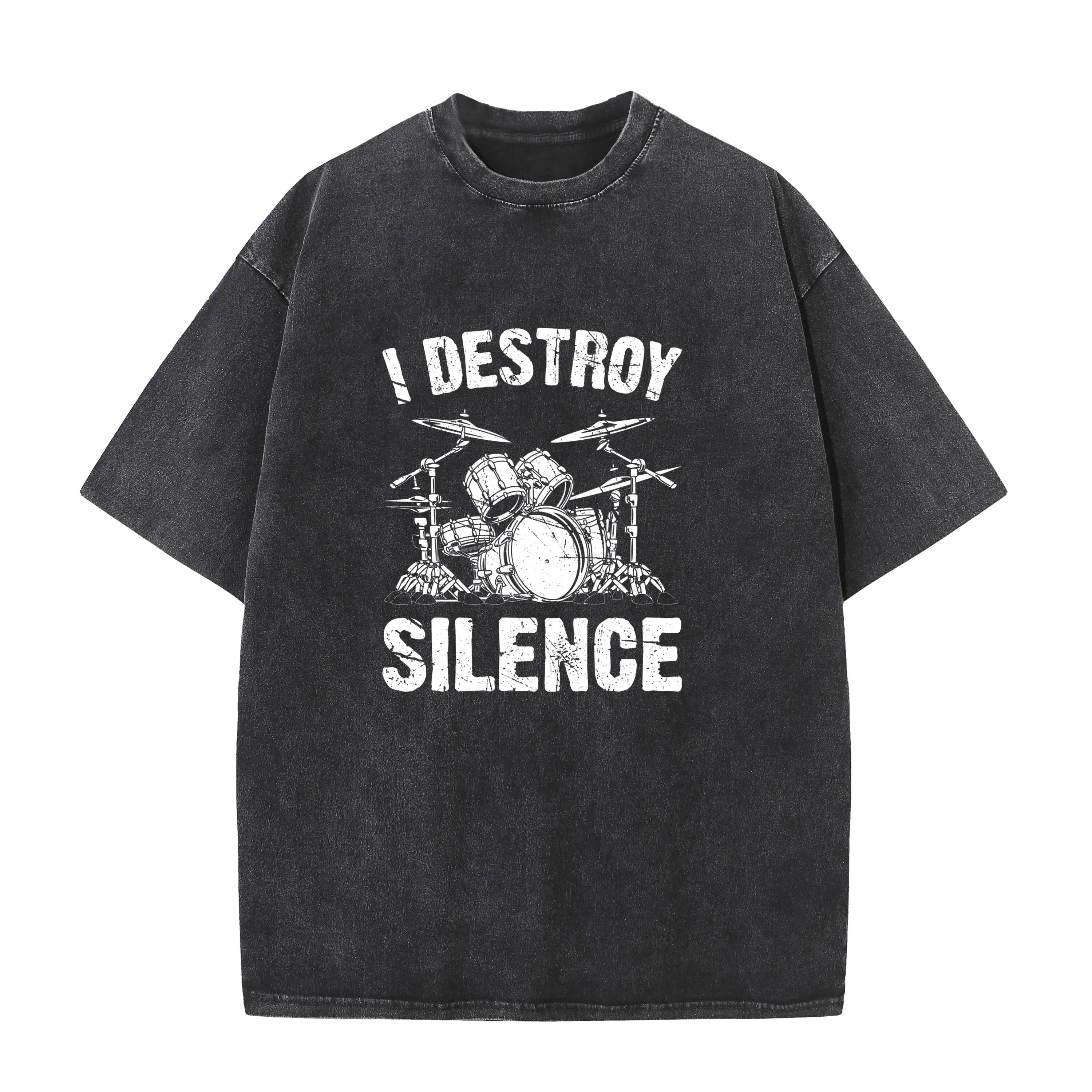 

I Destroy Silence Drumming Vintage Drummer Drumset Drum Set Washed T-Shirt Harajuku Bleached Casual Tee Cute Youth Tshirts Funny