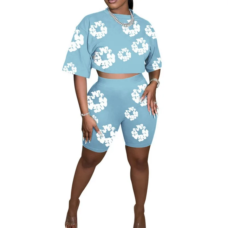 Women's Summer Printed Round Neck Short Sleeve Crop Top & Shorts Set Temperament Commuting Female Fashion Short Pants Outfits