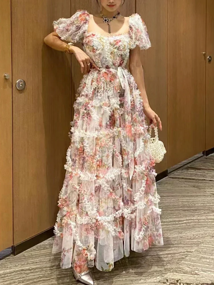 

Retro fashion banquet dress skirt 2024 spring and summer women's short sleeve gauze printing big swing high waist dress