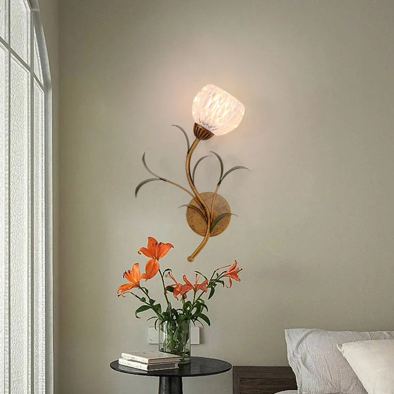 LED Wall Lamp Nordic Bedside Bedroom Iron Flower Wall Lights village Lighting rural New Home Decors Sconces Glass Lampshade