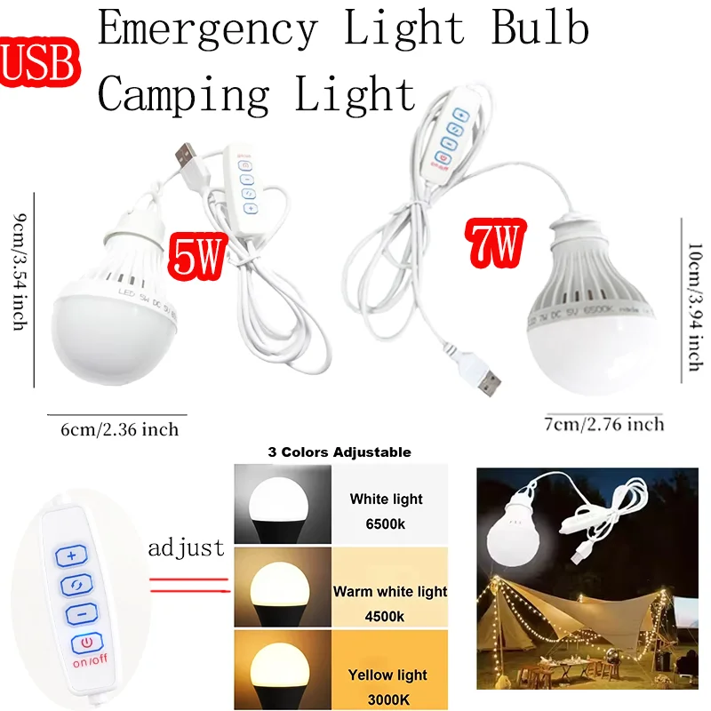 Lampe de Camping Led 5W/7W, ampoule d'urgence Usb, 3 couleurs, variable, suspendue, pour tente, Barbecue, pêche, réparation, équipement de plein air, DC5V