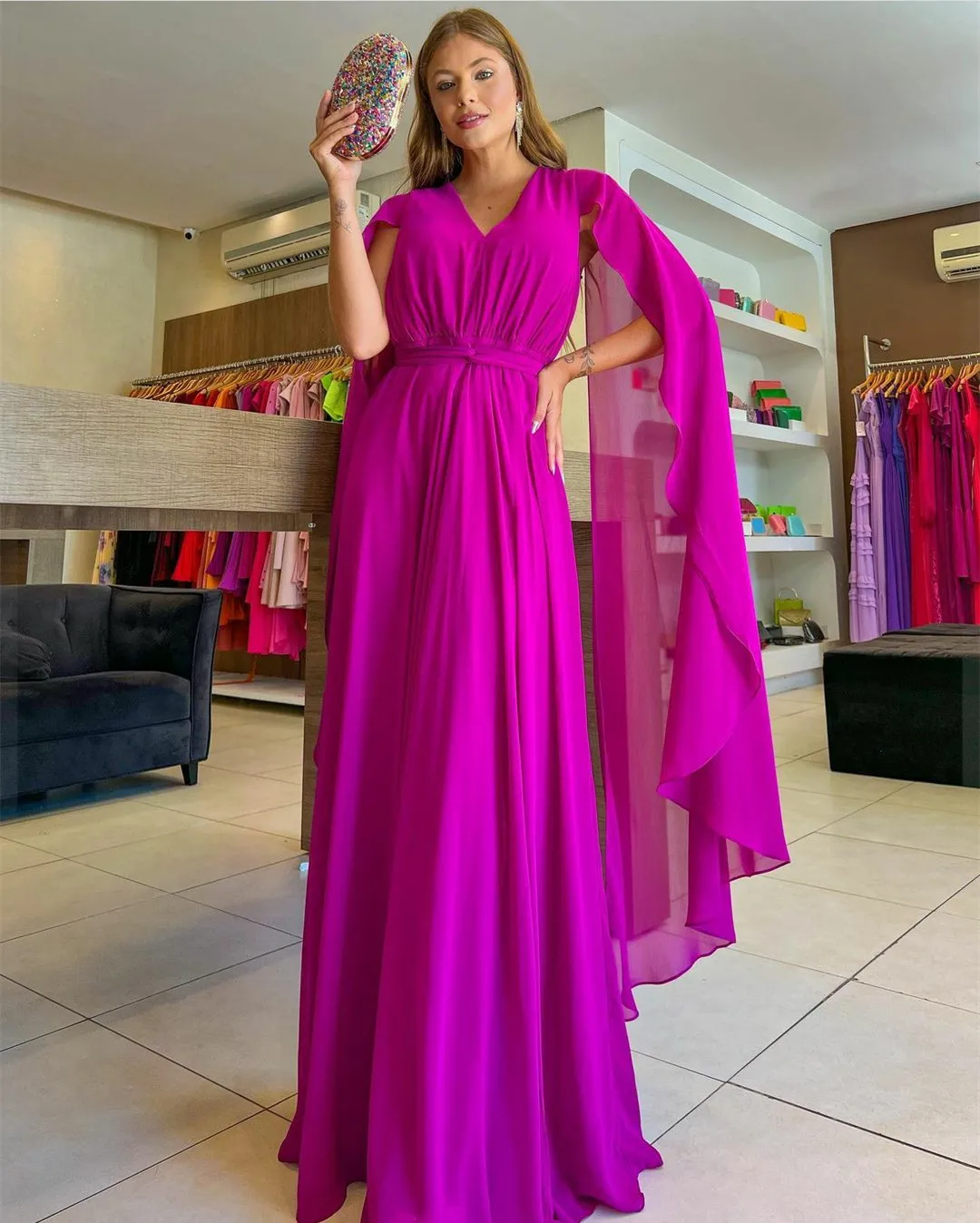 Vestidos máximos bohemios de chiffon con falda escalonada estilo Empire Rosa Chicle