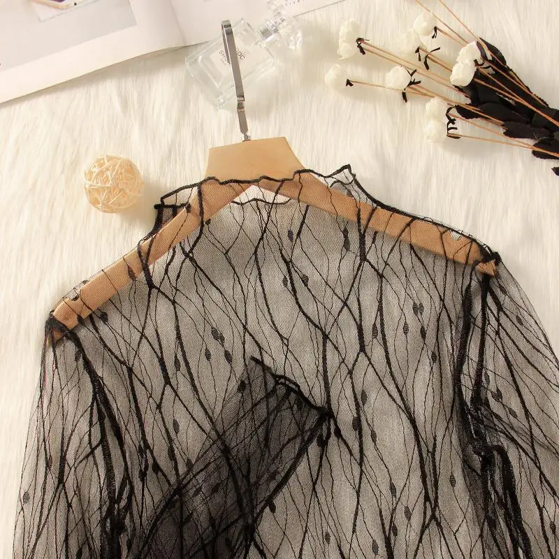 Sexy Mesh Women's T-Shirt Summer Fashion Thin Bottom Shirt Lace Sheer Long Sleeve Blouses Ladies Tops High Neck Tee Solid Color 6