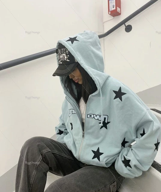 Vintage Sweatshirt Ladies Casual Star Print Design Zip Hoodie Ladies Hip  Hop Loose Harajuku Punk Gothic