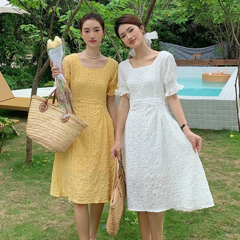 

Women Dress 2022 Summer Korean Bubble Grid Square Collar Lotus Leaf Sleeves Solid Color Dress Female Back Folds Mid-length Dress