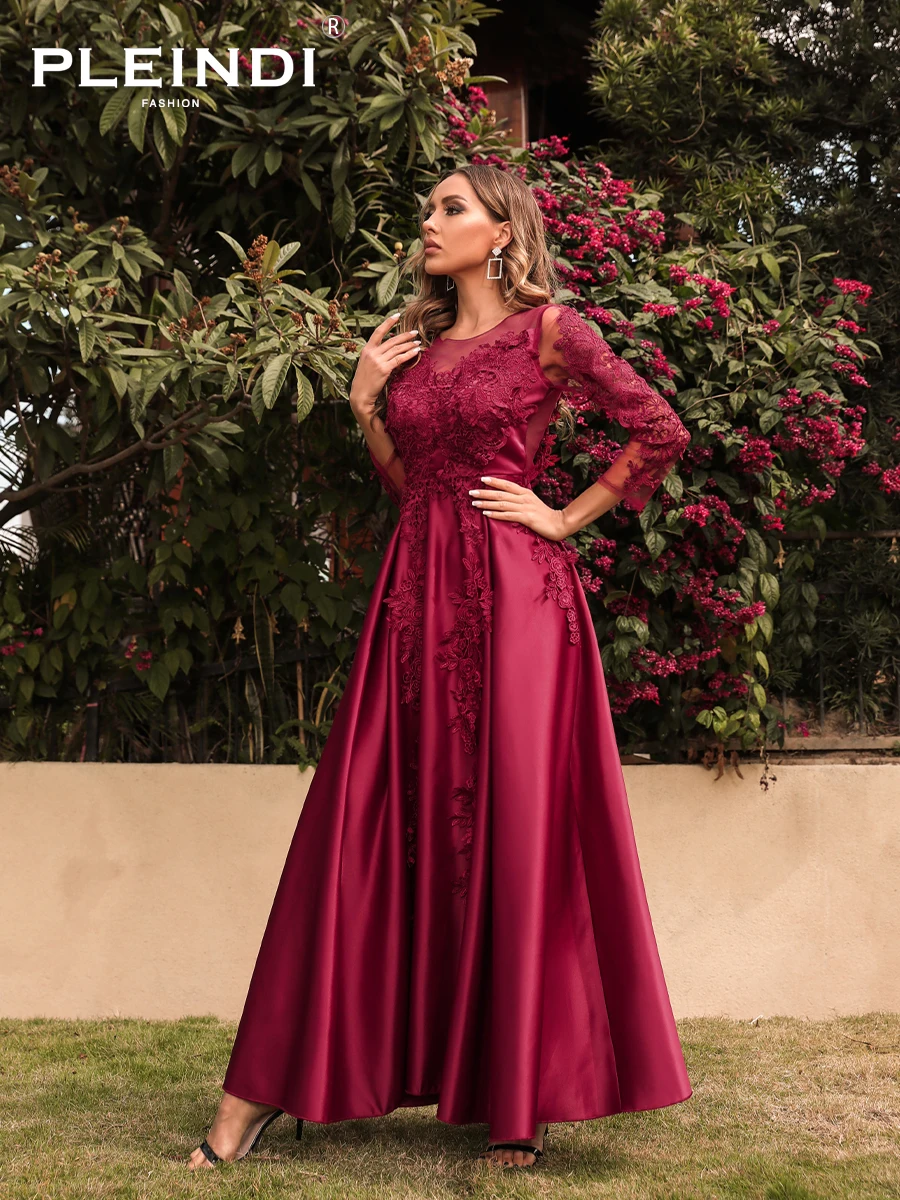 PLEINDI Vintage Evening Dresses Party Women Dress Wedding Long Sleeve O-Neck 2022 New Elegant Lace Corduroy Burgundy Red Prom