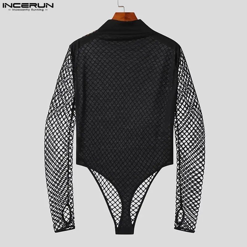 INCERUN 2023 Sexy Men's Homewear Bodysuits Half High Neck See-through Mesh Rompers Casual Male Thimble Long Sleeve Rompers S-5XL