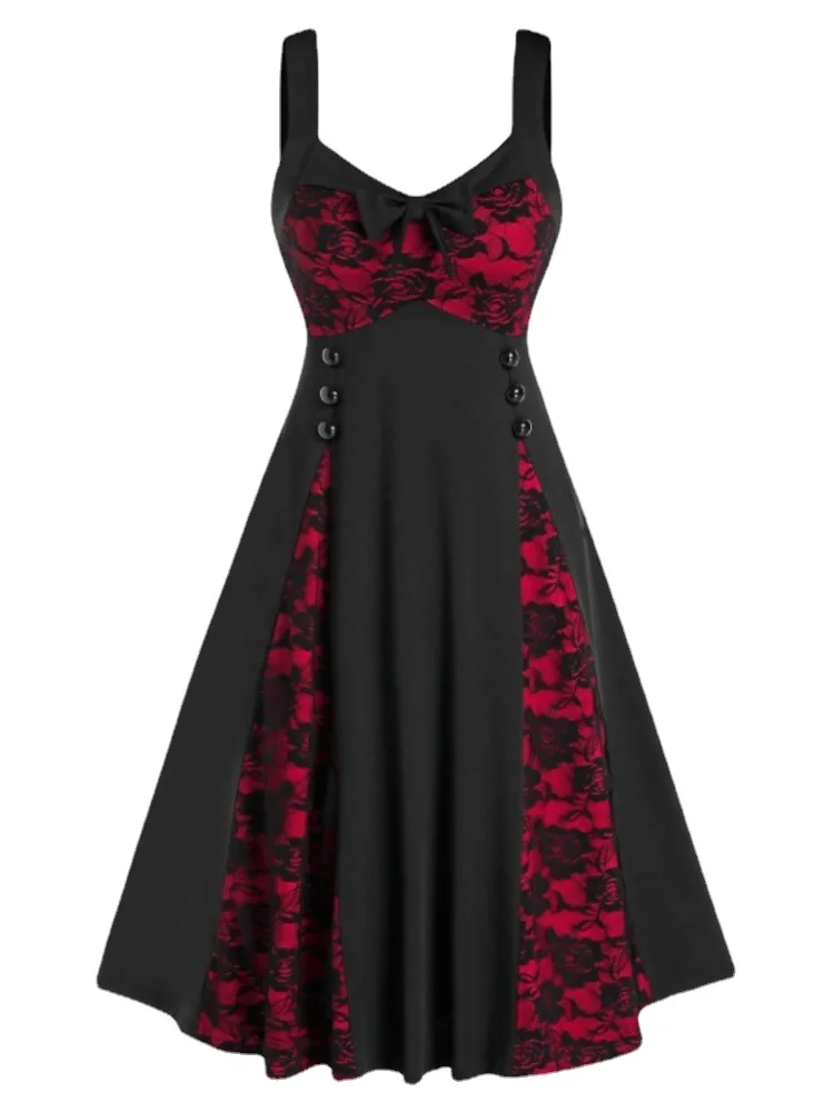 

Retro Dark Lace Patchwork Dress Harajuku 50s 60s Button Decoration Suspender Dresses 2024 New High Waist Style Vintage Dress