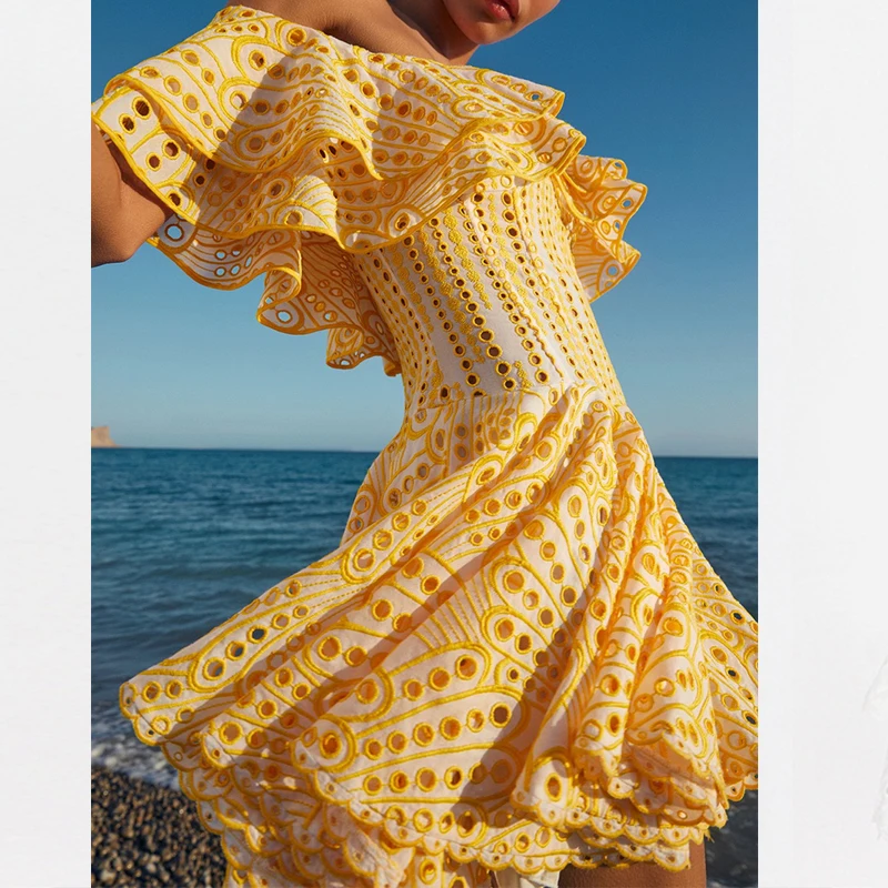 

2023 Summer Dress Women Hollow Out Ruffles Vintage Clothing Ladies Slash Neck Streetwear Elegant Vestido Embroidery Lace