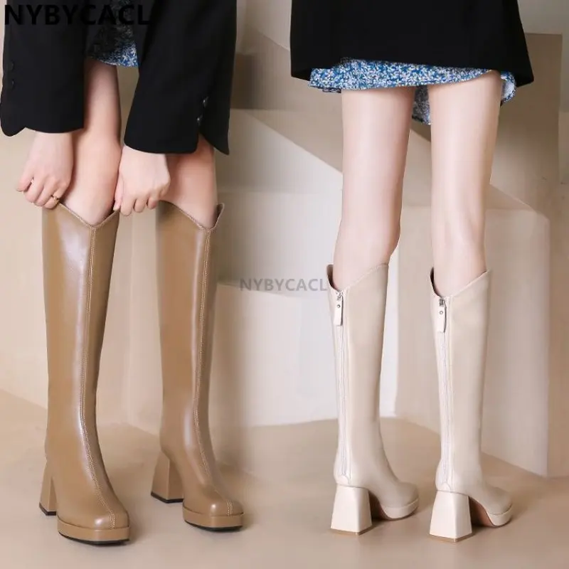 Black Winter Women Boots Fashion Platform Thick Heel Knee High Zipper Autumn Long Shoes Goth Square Heel Rubber Chelsea Plus Siz
