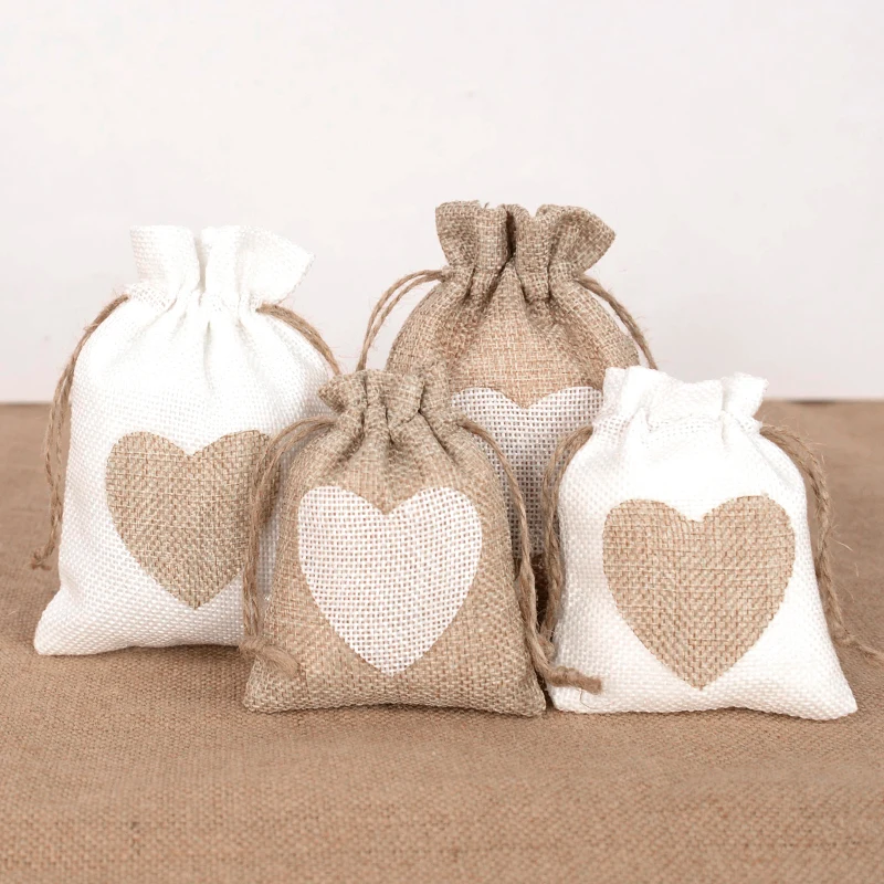 10Pcs Heart Burlap Jute Drawstring Bags Rustic Wedding Decoration Christmas Gift Packing Birthday Party Baby Shower Candy Pouch