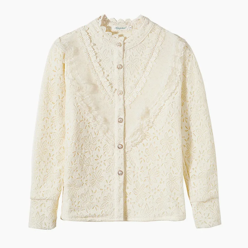 Spring and Autumn New Lace Small Stand Up Collar Women's Cardigan Long Sleeve Shirt Solid Color Embroidered Slim Casual Top