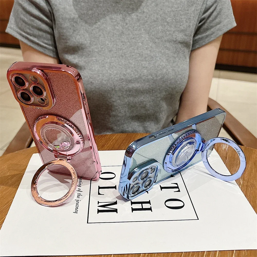 Bling Glitter Electroplate Magnetic Holder Quicksand Case for IPhone 16 15 14 Plus 11 12 13 Pro Max for Magsafe Bracket Cover_voghion.com