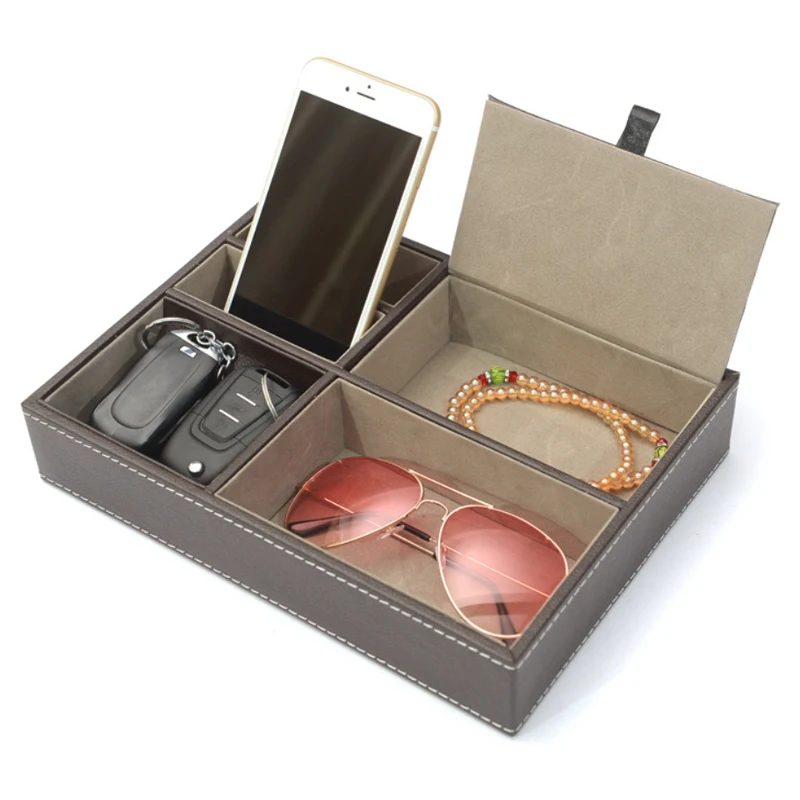 Men's Valet Tray Desktop PU Leather Wood Tray Organizer Jewelry Box Nightstand Organizer For Phone Keys Wallet Glasses Multifun 4