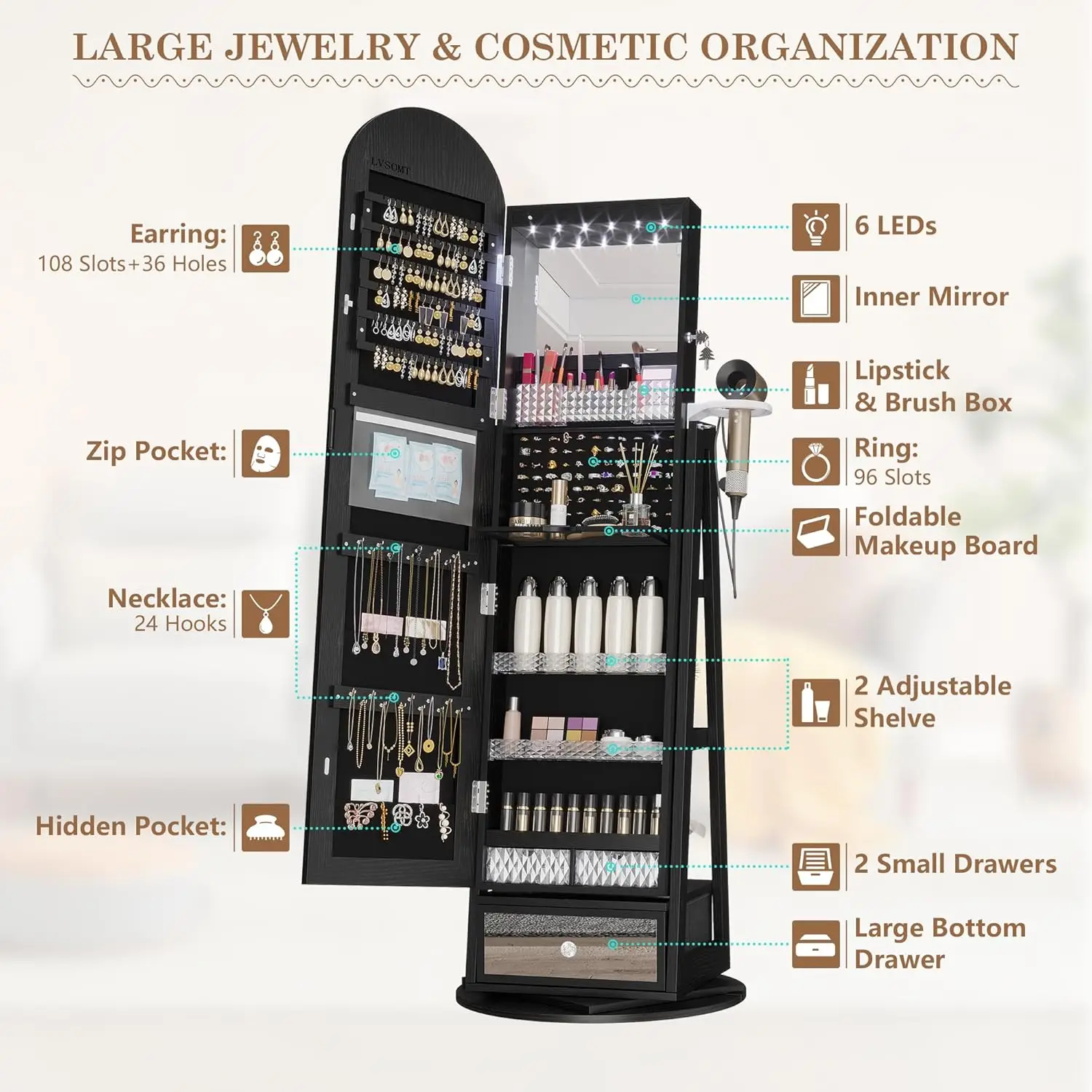 360° Swivel Arched Jewelry Mirror Cabinet, 64"H Standing Jewelry Armoire with 6 LED Lights, Lockable Jewelry Organizer