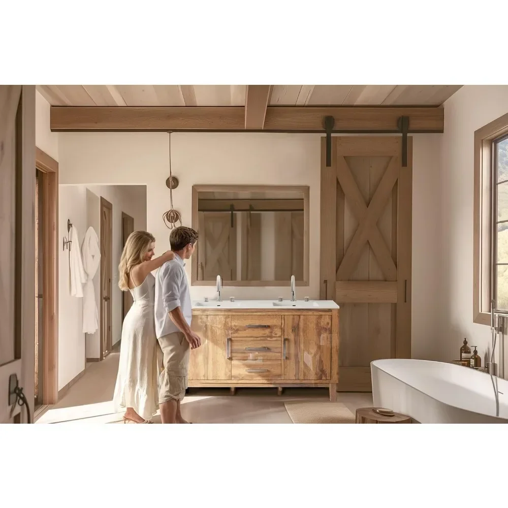 60" Double Bathroom Vanity with Sink, High Gloss Woodgrain Bathroom Storage Cabinet with 3 Hole Sink & & Drawers, Bath Vanity 3